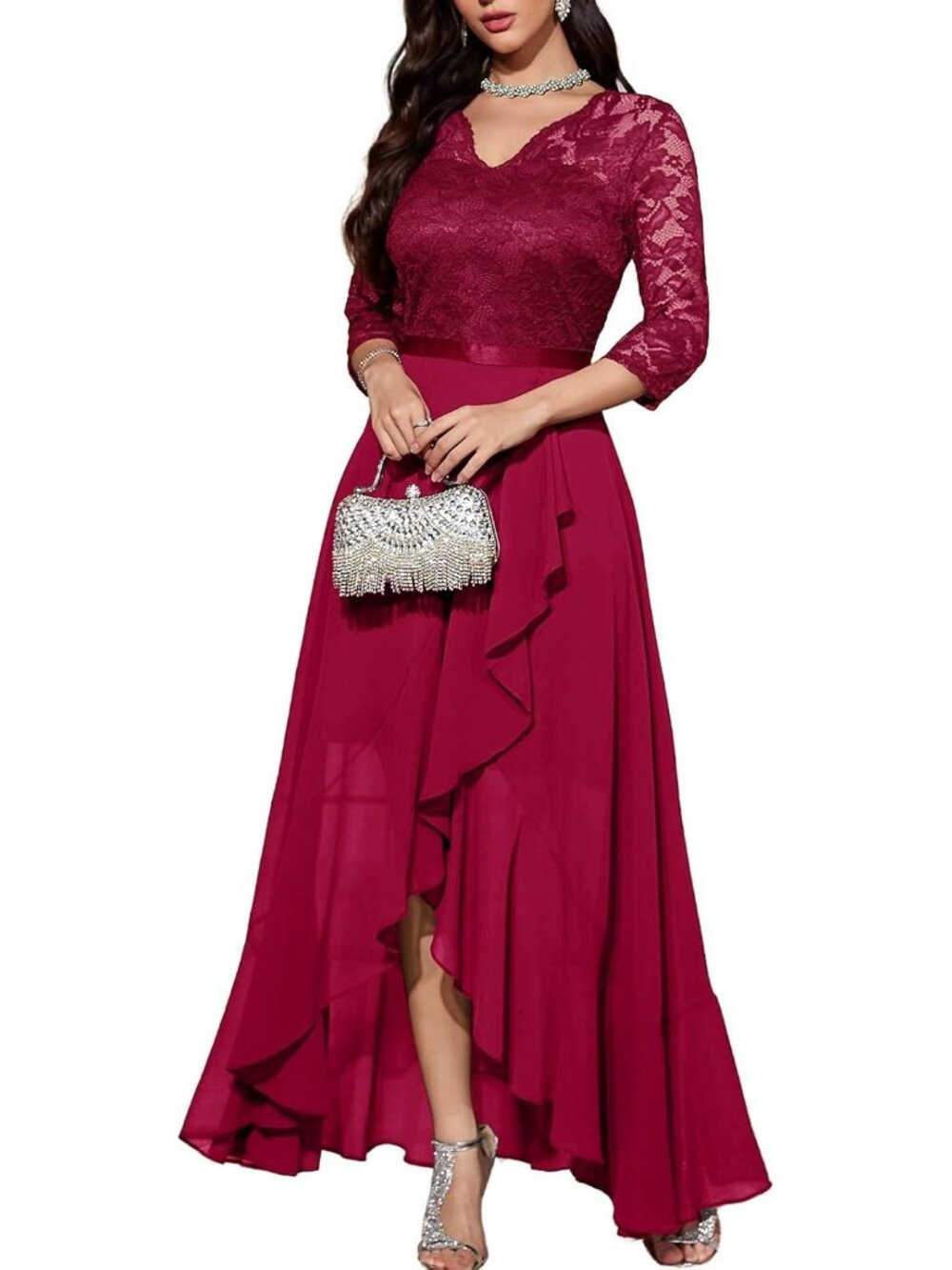 Women's Dark Red V-Neck Wedding Floral Lace Cocktail Party Bridesmaid Dress